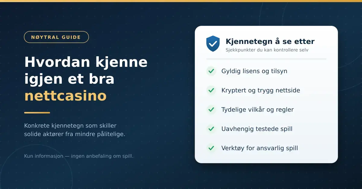 Grafikk med tittelen «Hvordan kjenne igjen et bra nettcasino» ved siden av et skjoldikon og en sjekkliste over kjennetegn som gyldig lisens, kryptert nettside, tydelige vilkår, uavhengig testede spill og verktøy for ansvarlig spill.