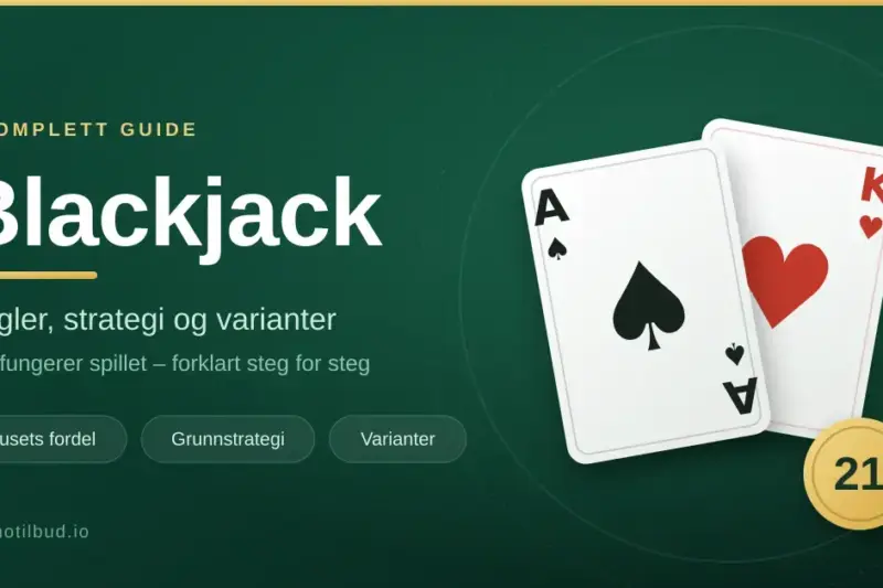 Grafikk med teksten «Blackjack – regler, strategi og varianter» ved siden av et ess i spar og en hjerterkonge på grønn casinofilt, med en gullmynt merket 21.
