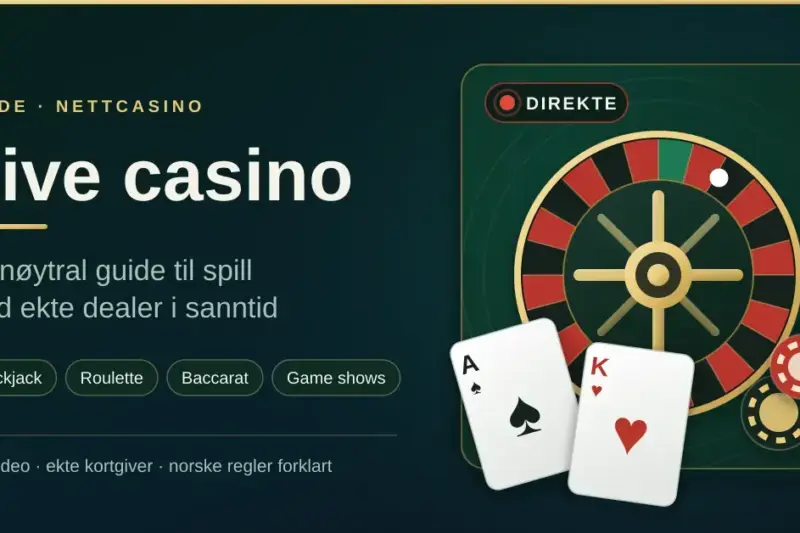Illustrasjon av et live casino med et roulettehjul, spillkort og sjetonger ved siden av teksten «Live casino – en nøytral guide til spill med ekte dealer i sanntid».