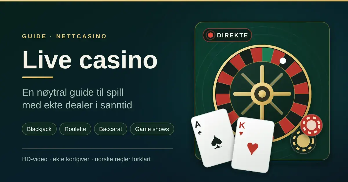Illustrasjon av et live casino med et roulettehjul, spillkort og sjetonger ved siden av teksten «Live casino – en nøytral guide til spill med ekte dealer i sanntid».
