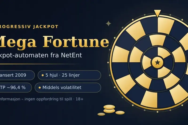 Grafikk med gullfarget bonushjul og teksten «Mega Fortune – jackpot-automaten fra NetEnt», med fakta om lansering i 2009, 5 hjul og 25 linjer, RTP på cirka 96,4 % og middels volatilitet.