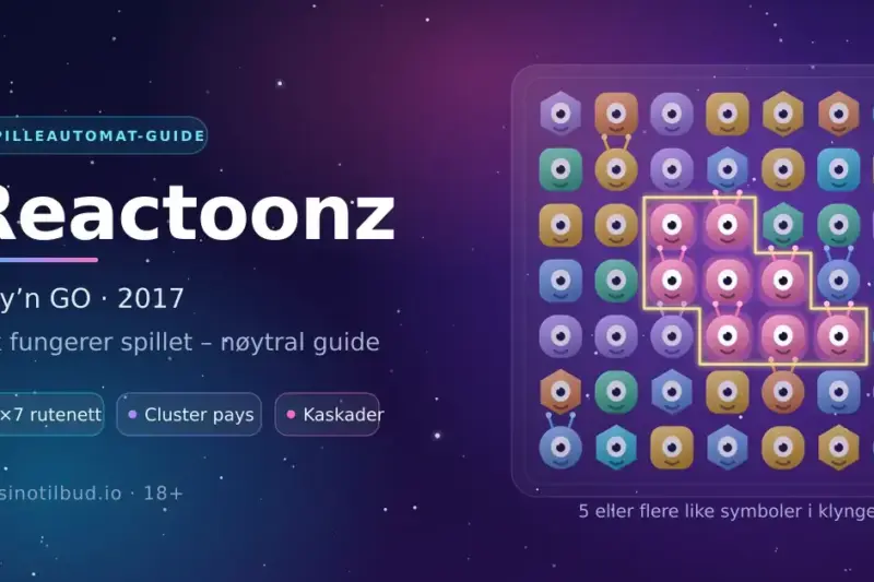 Grafikk med tittelen «Reactoonz – Play'n GO · 2017» ved siden av et 7×7 rutenett fylt med fargerike, enøyde romvesener, der en klynge like symboler er markert med gul ramme.