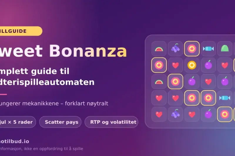 Illustrasjon til guide om spilleautomaten Sweet Bonanza, med et rutenett på 6 hjul og 5 rader fylt med fargerike godteri- og fruktsymboler der åtte like symboler er markert.
