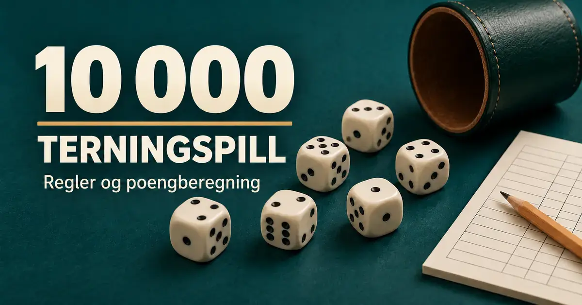 Seks terninger, et terningbeger og et poengark på et mørkegrønt bord med teksten «10 000 terningspill – Regler og poengberegning».