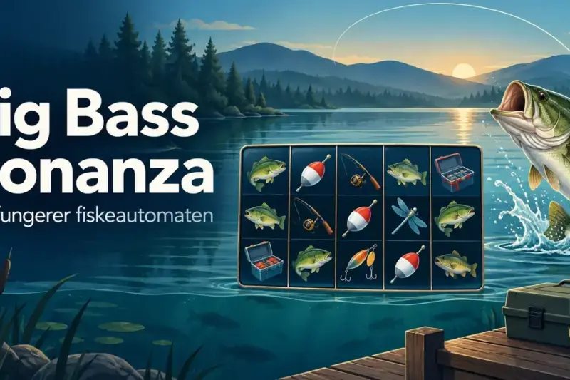 Illustrasjon av en fisk som hopper i en innsjø, et spillehjulrutenett med fiskesymboler og teksten «Big Bass Bonanza – Slik fungerer fiskeautomaten».