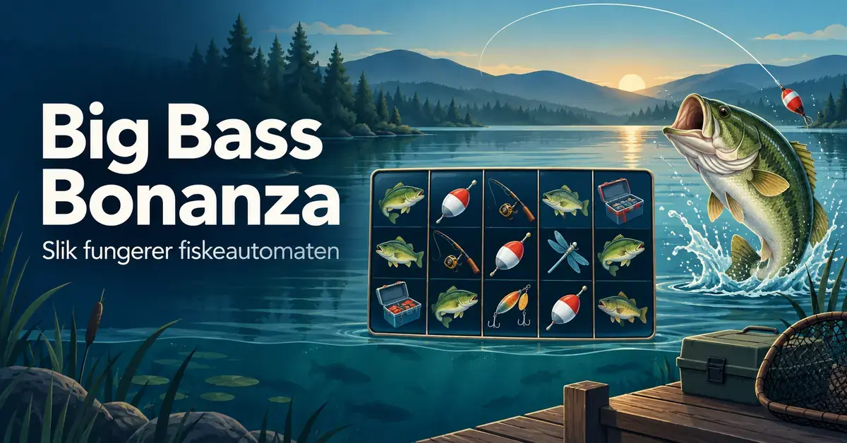 Illustrasjon av en fisk som hopper i en innsjø, et spillehjulrutenett med fiskesymboler og teksten «Big Bass Bonanza – Slik fungerer fiskeautomaten».