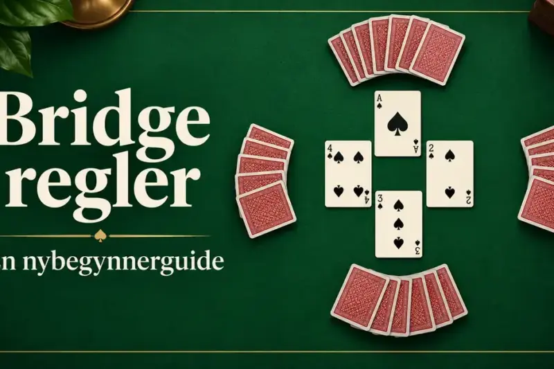 Illustrasjon av et grønt bridgebord med fire kortplasser og fire spar i midten, med teksten «Bridge regler – En nybegynnerguide».