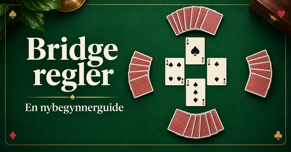 Illustrasjon av et grønt bridgebord med fire kortplasser og fire spar i midten, med teksten «Bridge regler – En nybegynnerguide».