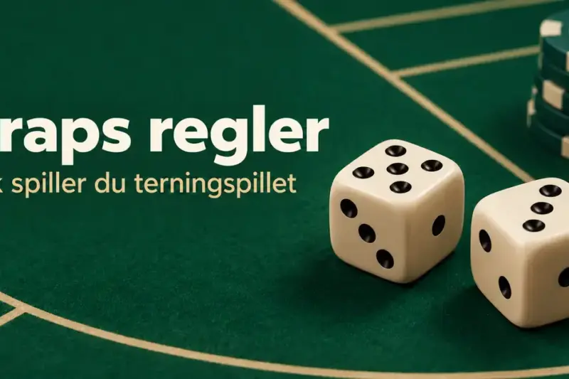 To lyse terninger og sjetonger på et grønt casinobord med teksten «Craps regler – Slik spiller du terningspillet».