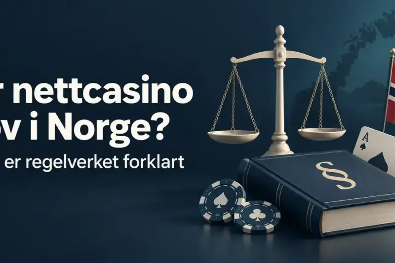 Illustrasjon med lovbok, vektskål, norsk flagg og kasinosjetonger ved teksten «Er nettcasino lov i Norge? Slik er regelverket forklart» og årstallet 2026.