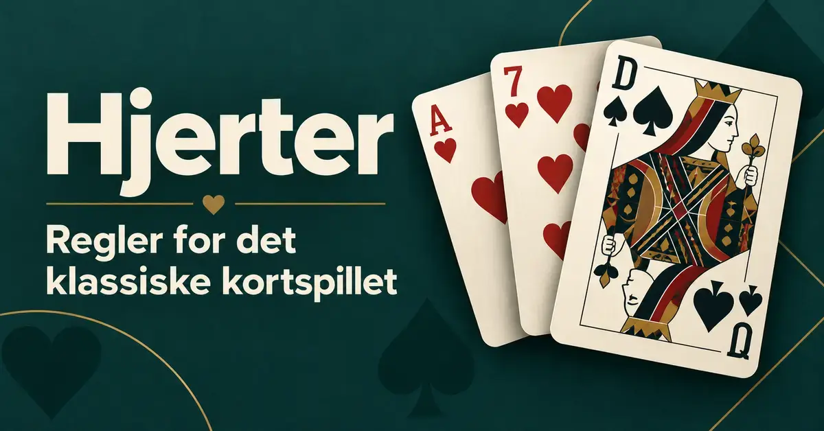 Hjerterkort og spardame på mørkegrønn bakgrunn med teksten «Hjerter – Regler for det klassiske kortspillet».