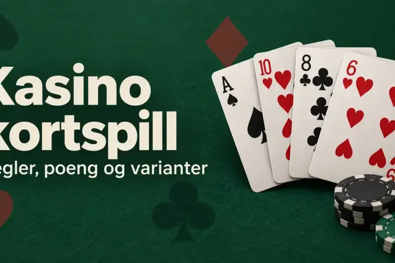 Spillekort og kasinosjetonger på grønn filt med teksten «Kasino kortspill – Regler, poeng og varianter».