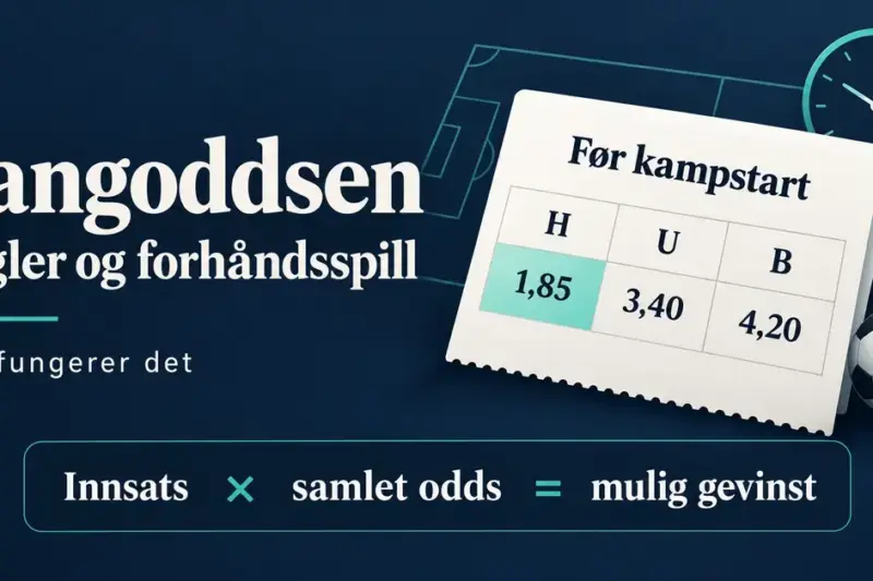 Illustrasjon av Langoddsen med oddskupong, fotball og klokke samt formelen innsats ganger samlet odds er lik mulig gevinst.
