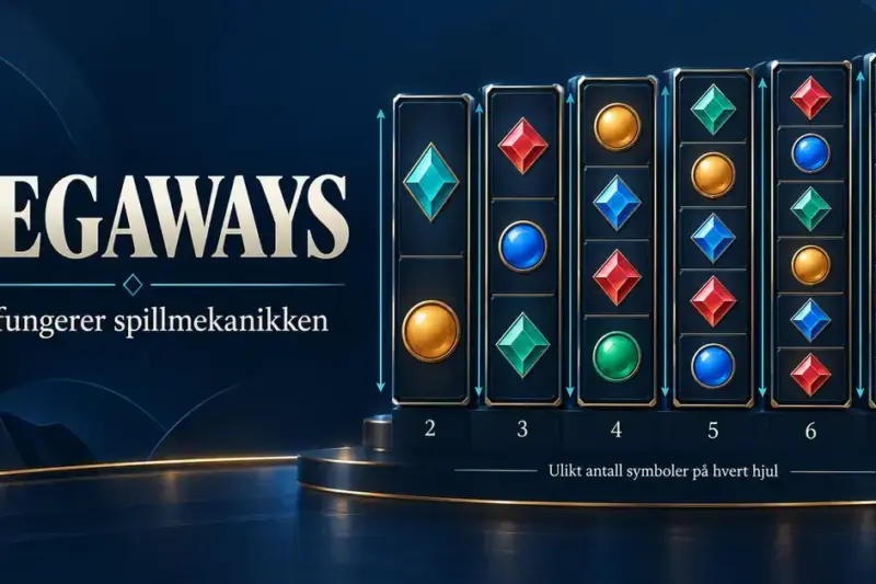 Illustrasjon av Megaways-mekanikken med seks hjul som viser fra to til sju symboler per hjul.