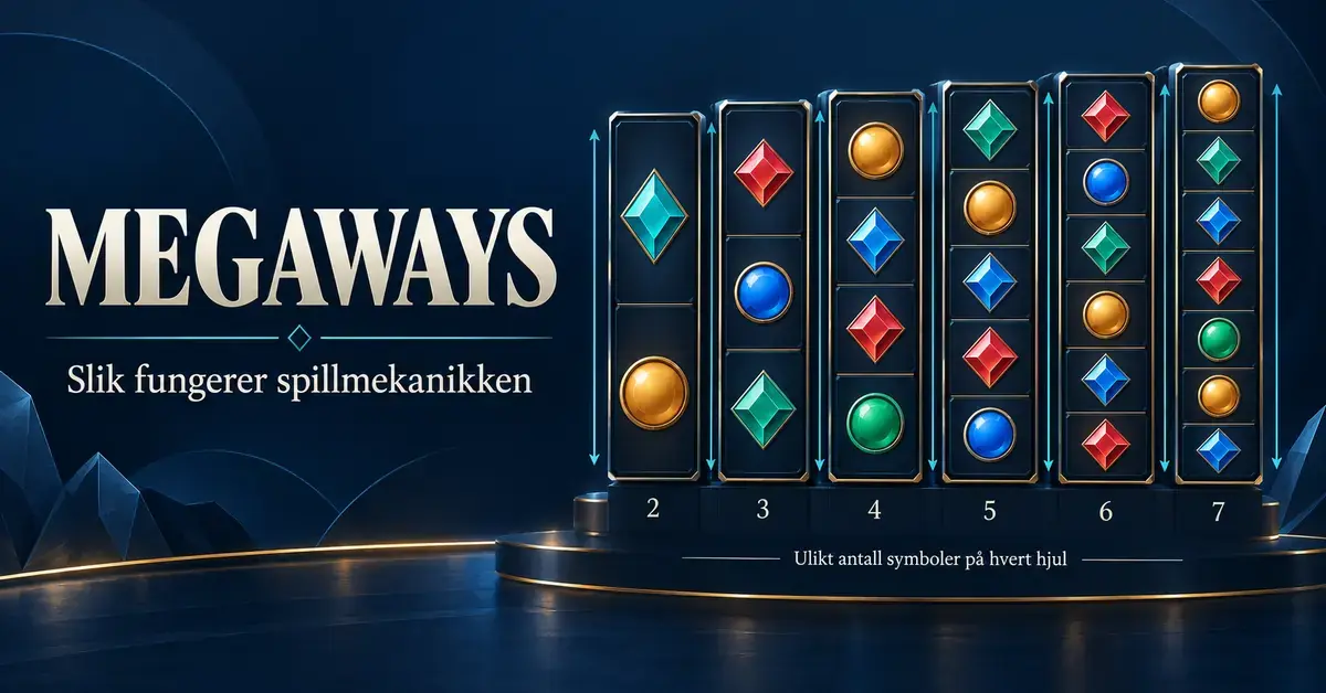 Illustrasjon av Megaways-mekanikken med seks hjul som viser fra to til sju symboler per hjul.