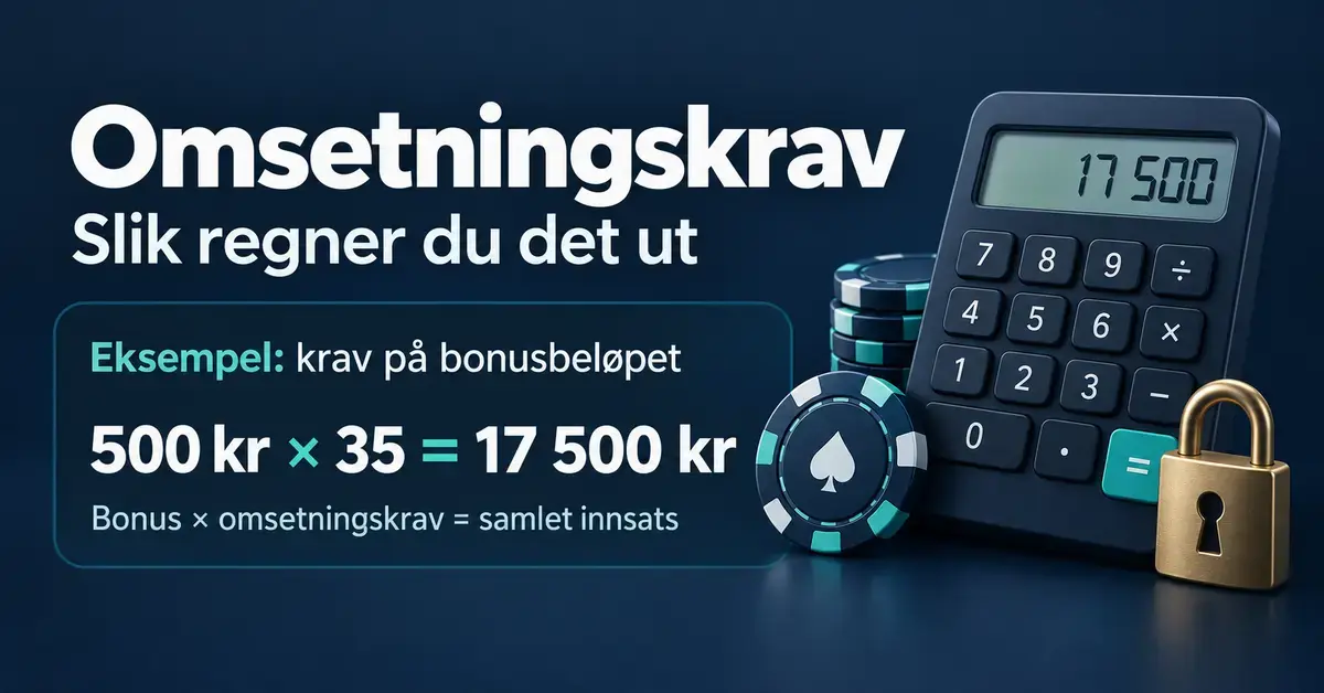 Illustrasjon med kalkulator, sjetonger og hengelås som viser at en bonus på 500 kroner med omsetningskrav på 35 ganger krever en samlet innsats på 17 500 kroner.