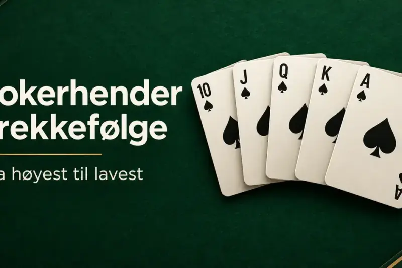 Fem spar fra ti til ess danner en royal flush på mørkegrønn bakgrunn ved siden av teksten «Pokerhender i rekkefølge – Fra høyest til lavest».