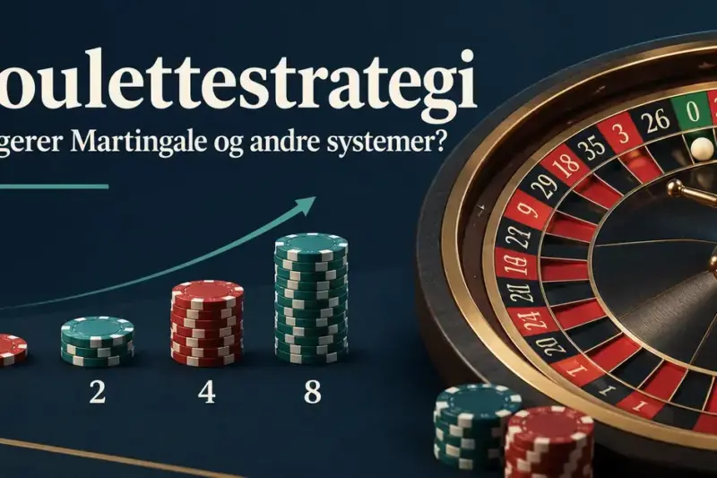 Illustrasjon av et ruletthjul og sjetongstabler merket 1, 2, 4 og 8 som viser dobling av innsatsen i Martingale-systemet, med teksten «Roulettestrategi – Fungerer Martingale og andre systemer?».