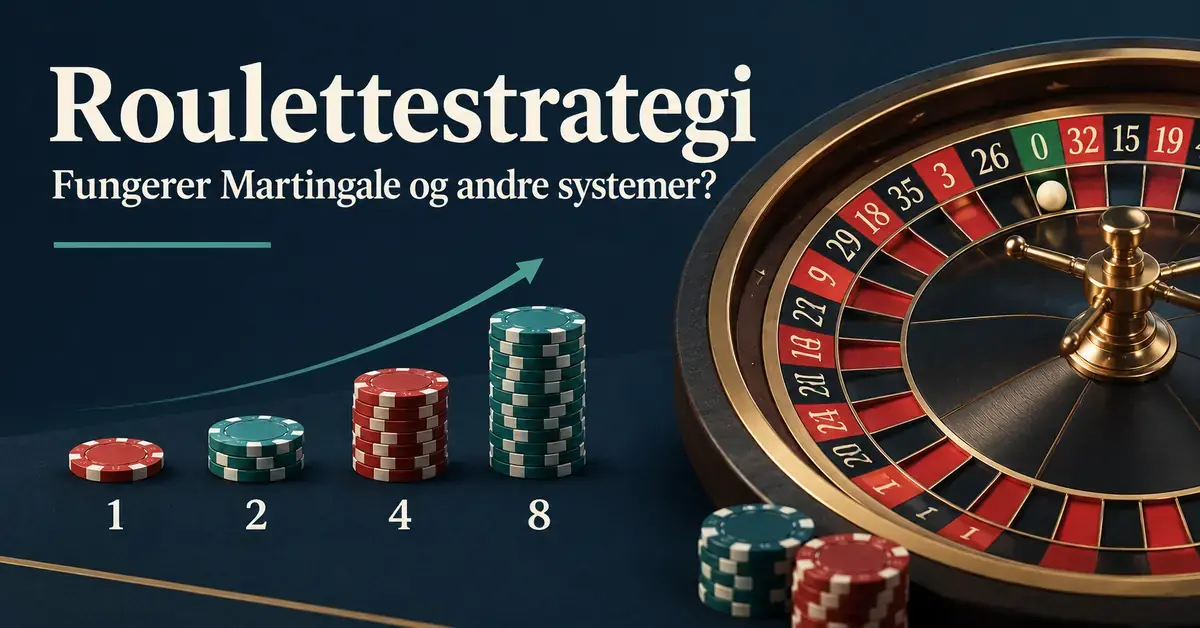 Illustrasjon av et ruletthjul og sjetongstabler merket 1, 2, 4 og 8 som viser dobling av innsatsen i Martingale-systemet, med teksten «Roulettestrategi – Fungerer Martingale og andre systemer?».
