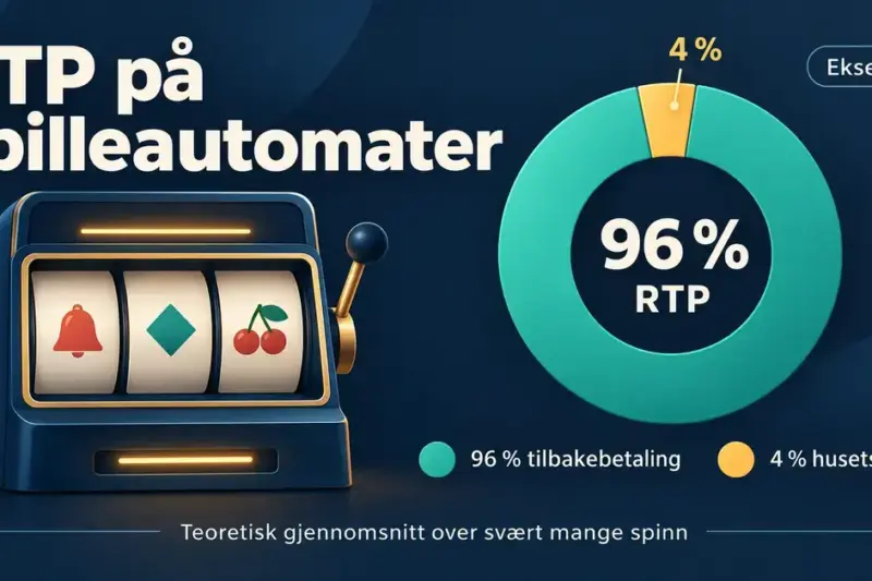 Illustrasjon av en spilleautomat og et sirkeldiagram som viser et teoretisk eksempel med 96 prosent tilbakebetaling og 4 prosent husets fordel over svært mange spinn.