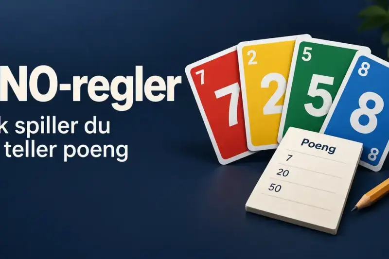 Fargerike spillkort og en poengblokk ved siden av teksten «UNO-regler – Slik spiller du og teller poeng» på mørk blå bakgrunn.
