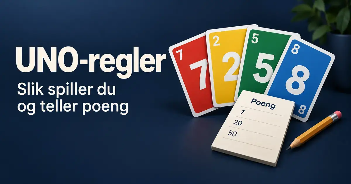 Fargerike spillkort og en poengblokk ved siden av teksten «UNO-regler – Slik spiller du og teller poeng» på mørk blå bakgrunn.