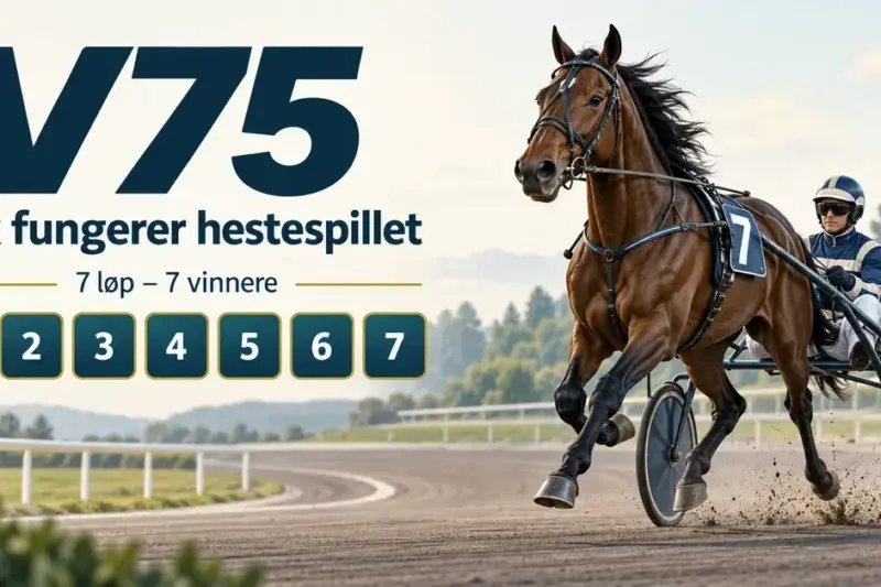 Illustrasjon av en travhest med sulky og kusk ved siden av teksten «V75 – Slik fungerer hestespillet» og sju nummererte ruter som representerer løpene.
