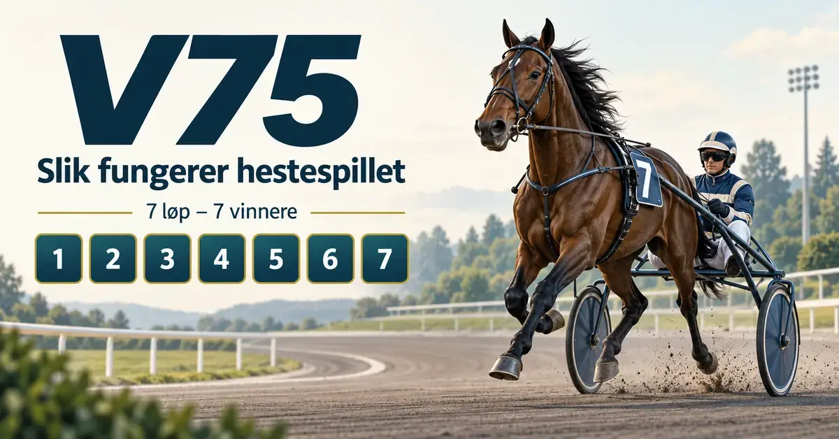 Illustrasjon av en travhest med sulky og kusk ved siden av teksten «V75 – Slik fungerer hestespillet» og sju nummererte ruter som representerer løpene.