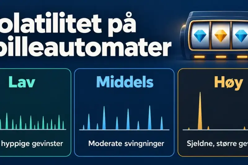 Illustrasjon av en spilleautomat og tre diagrammer som sammenligner lav, middels og høy volatilitet, fra små og hyppige gevinster til sjeldne og større gevinster.